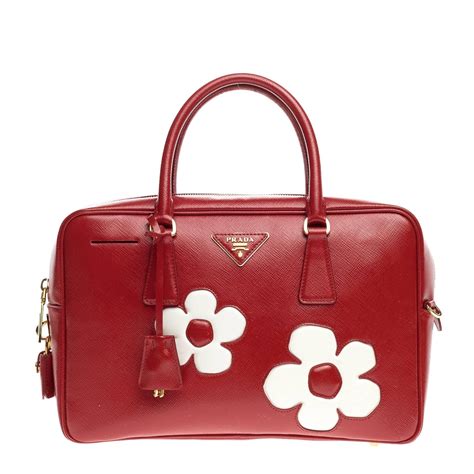 Prada Flowers Bauletto Vernice Saffiano Leather Medium 